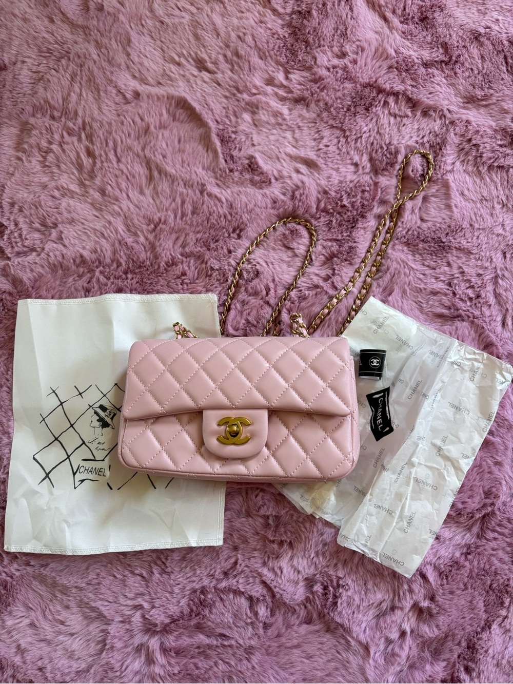 CC Pink Quilted Lambskin Mini Flap Bag with Gold Hardware